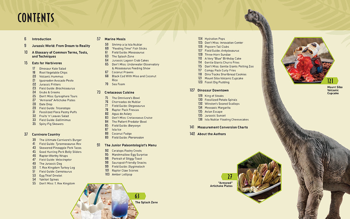 Dinosaur book page with index and illustrations of dinosaurs and food items.