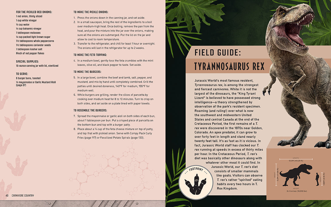 Book open to a page about Tyrannosaurus Rex with text and illustrations.