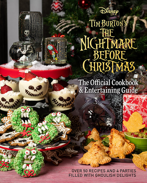 Cover of 'The Nightmare Before Christmas' cookbook with festive food and decorations.