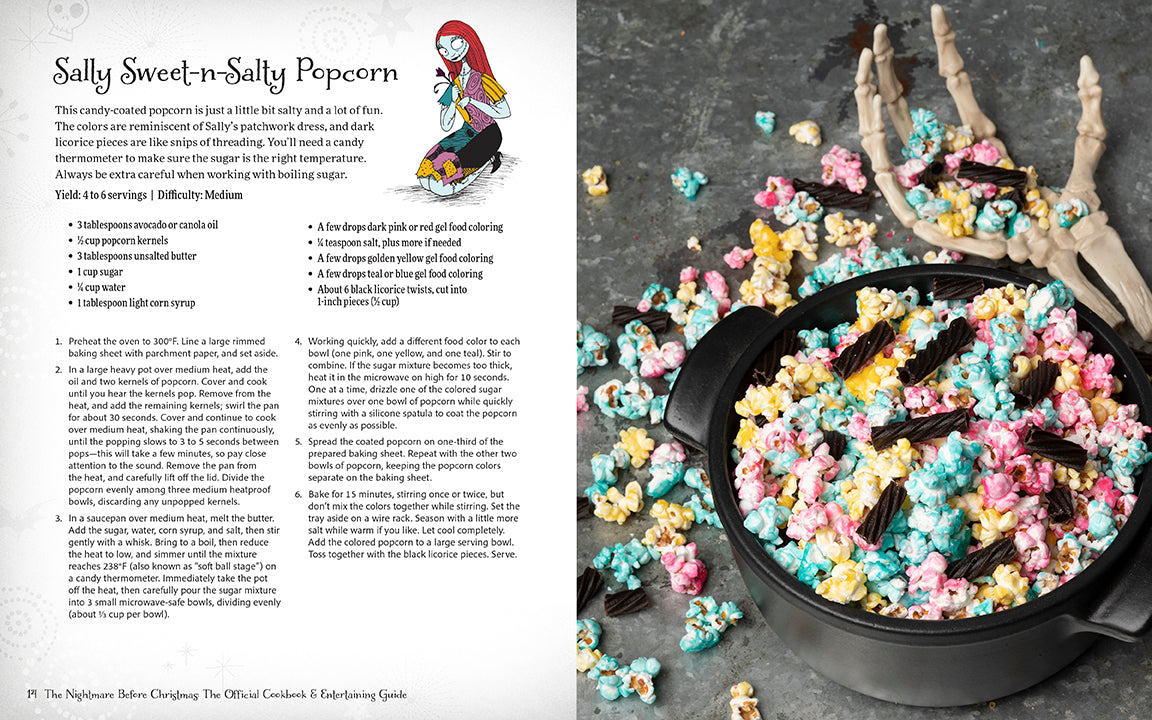 Popcorn with colorful sprinkles and a recipe on a magazine page.