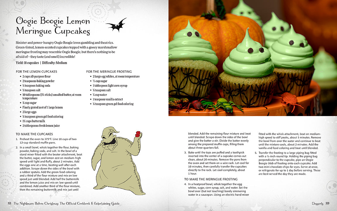 Halloween-themed cupcake recipe with Oogie Boogie illustration and green meringue cupcakes.