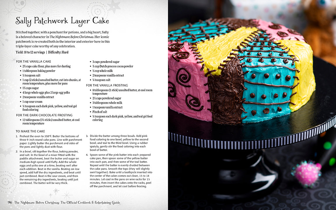 Sally Patchwork Layer Cake with recipe text on the left