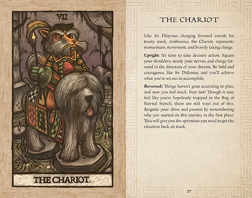 Tarot card illustration of 'The Chariot' with text description on a beige background