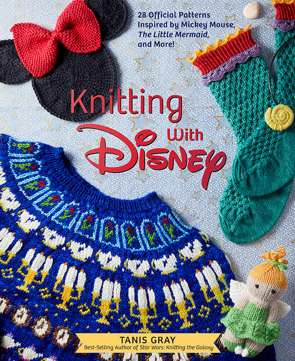 Book cover of 'Knitting with Disney' featuring knitted items inspired by Disney characters.