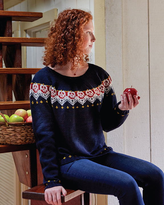 Person wearing a dark blue sweater with a colorful pattern, sitting on a wooden staircase holding an apple.
