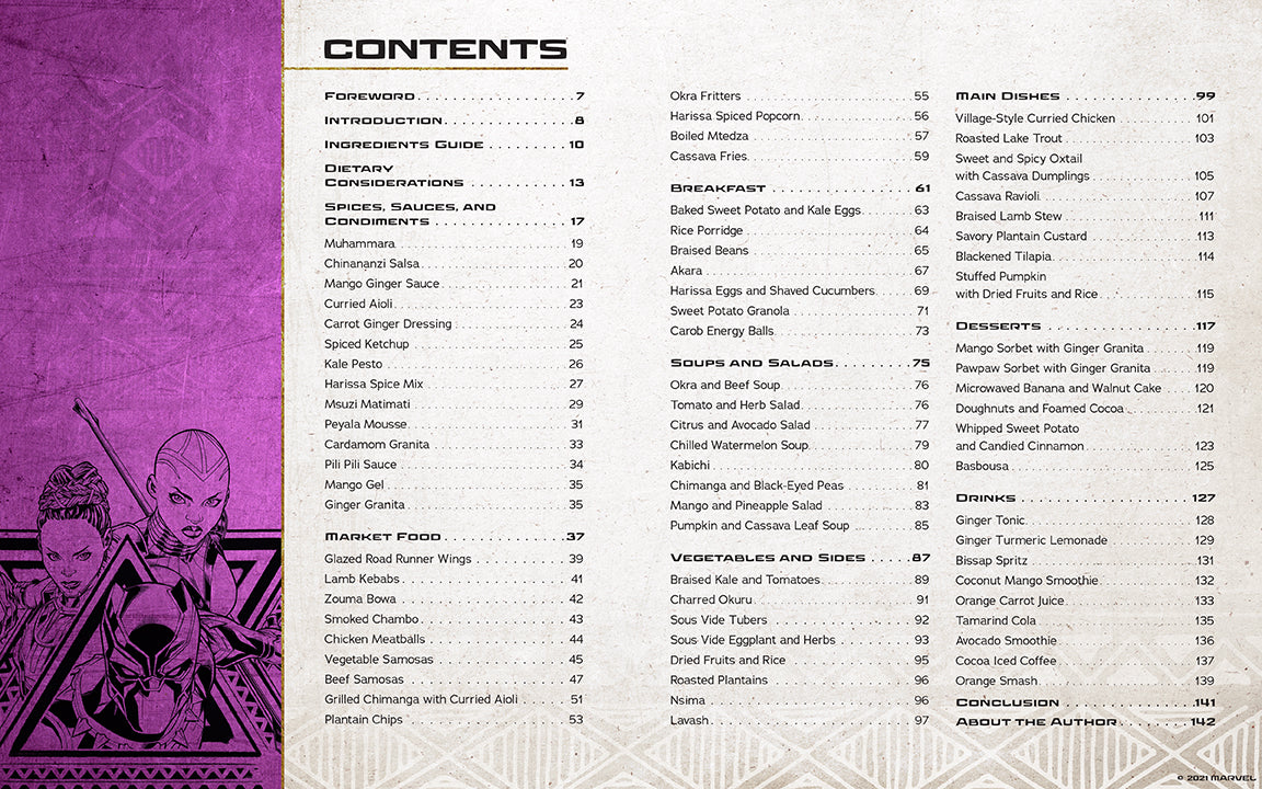 Table of contents from a cookbook with purple and black design