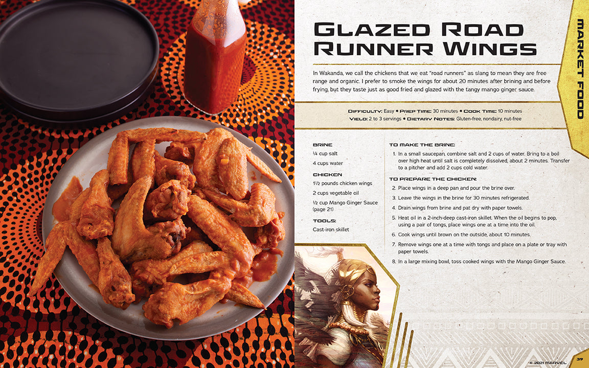 Plate of glazed road runner wings with a recipe card on an orange and black patterned background