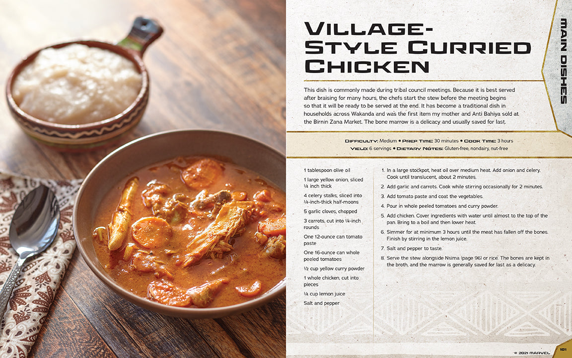 Bowl of village-style curried chicken with a side of rice on a wooden table, accompanied by text about the dish.