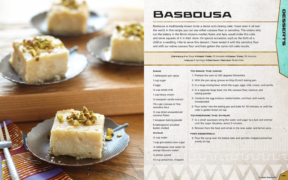 Dessert dish with Basbousa on a wooden table, accompanied by a recipe card.