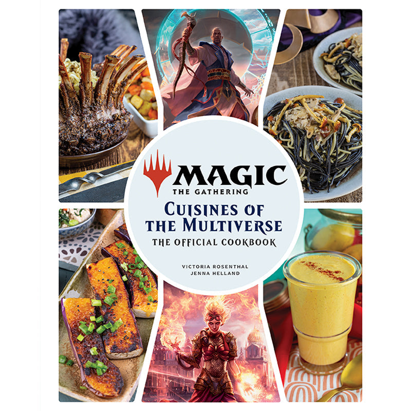 Cover of 'Cuisines of the Multiverse' cookbook featuring images of food and characters from 'Magic: The Gathering'.