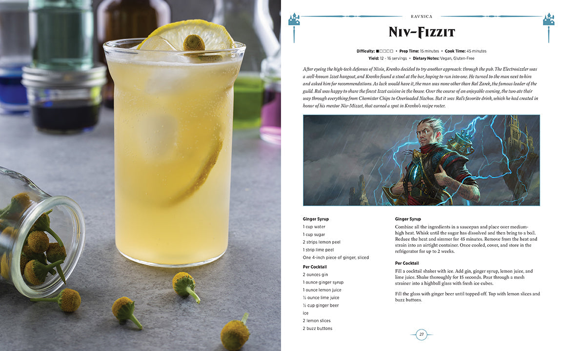 Cocktail with lemon slice on a table next to a recipe card for 'Niv-Fizzit'.