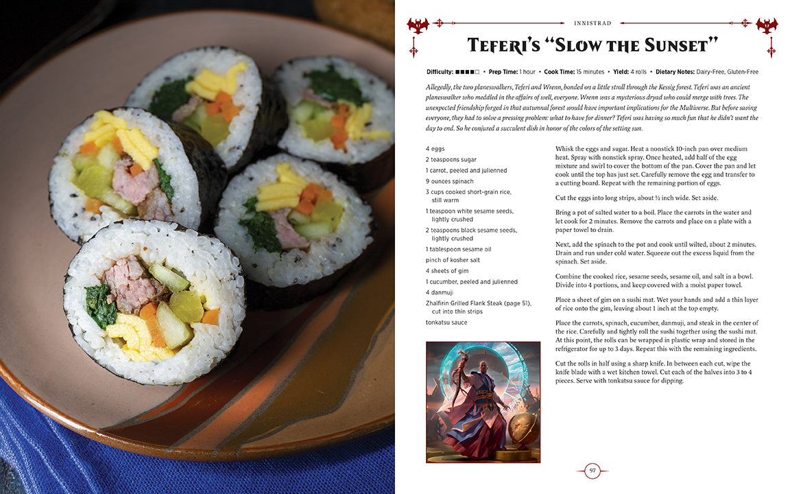 Sushi rolls with various fillings on a plate next to an article about 'Teferi's Slow the Sunset'.
