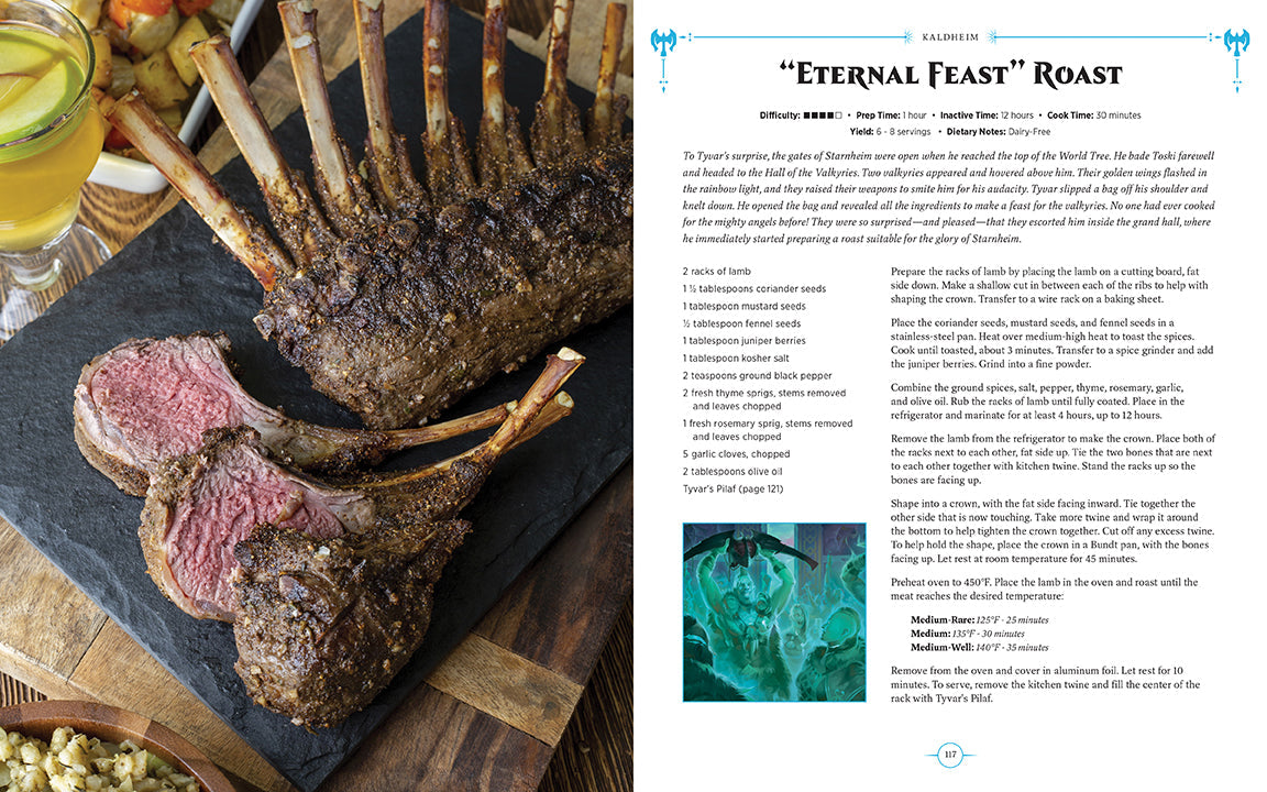 Roast beef with a side of vegetables on a cutting board, accompanied by a recipe card titled 'Eternal Feast Roast'.