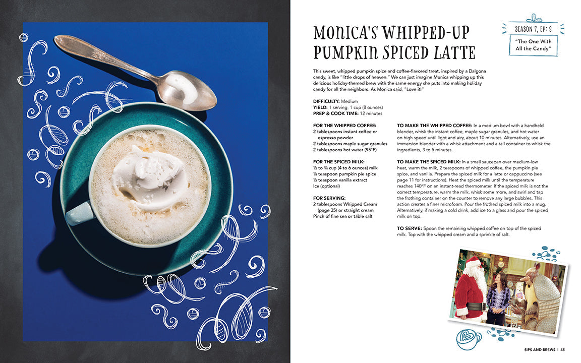 Recipe page for a whipped-up pumpkin spiced latte with a blue border and text.