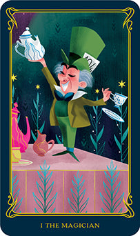 Magician character from a tarot card with green hat and robe, surrounded by mystical elements.