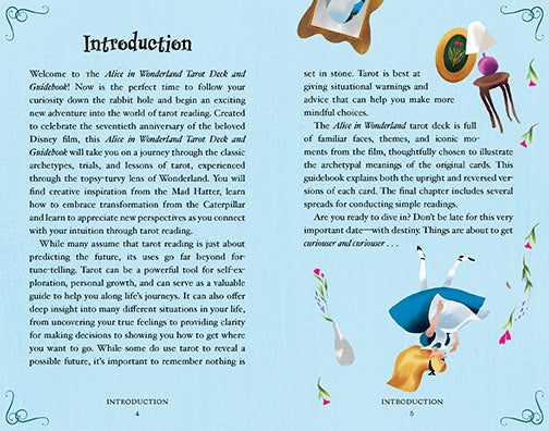 Introduction page of a tarot deck with text and illustrations on a blue background