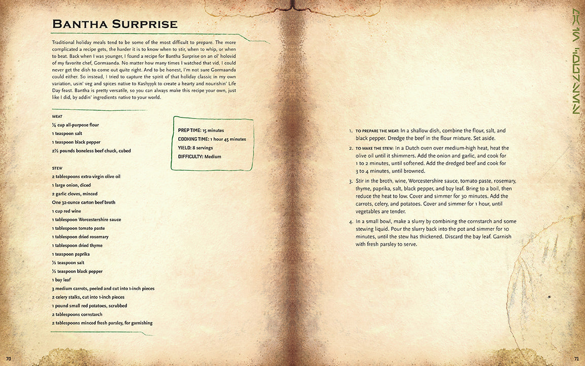 Open book with text and recipe on a textured background