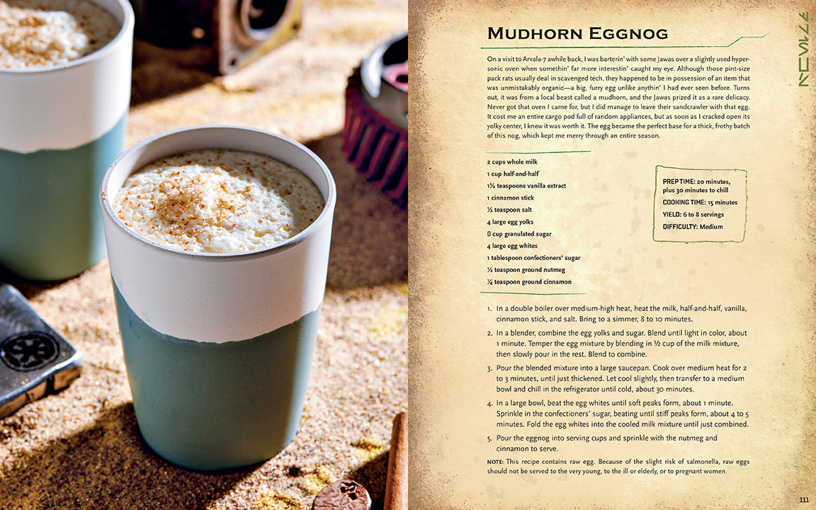 Mug of Mudhorn Eggnog with recipe on a textured background