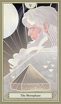 Card featuring a figure with white hair and a pyramid, labeled 'The Hierophant'.