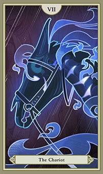 Tarot card featuring a horse and chariot with blue and purple hues