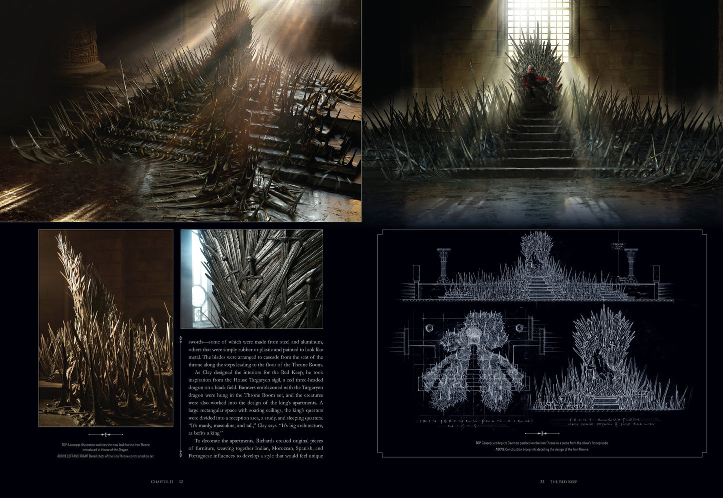 Collage of images showing a throne made of swords with architectural and technical drawings.