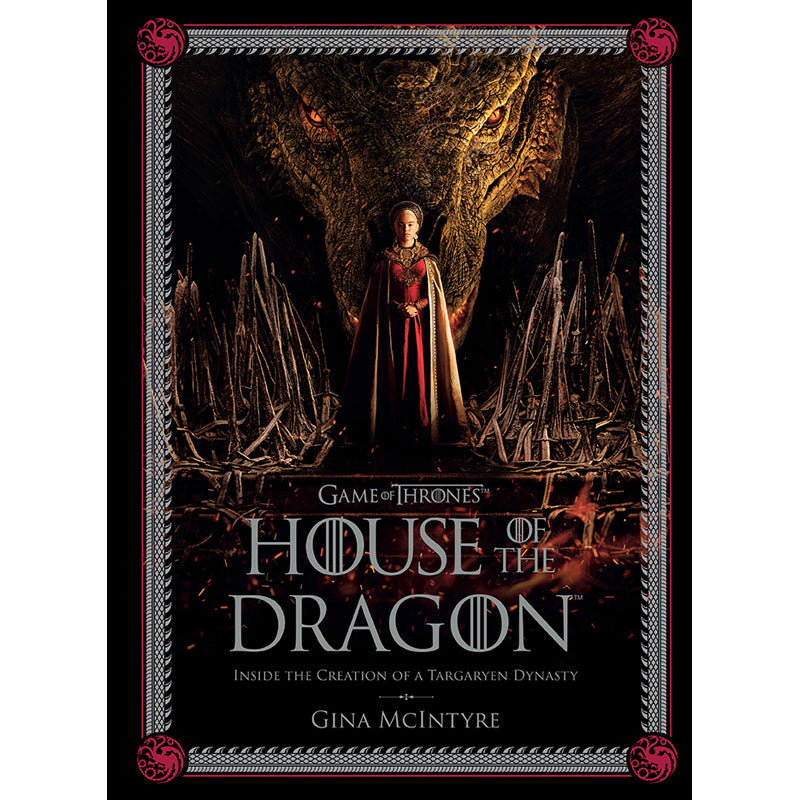 Book cover of 'Game of Thrones: House of the Dragon' with a woman in a red dress and dragon emblem.