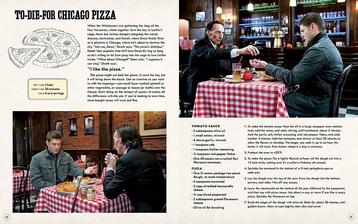 Two-page spread from a cook book about Chicago pizza, featuring people at a table and text.