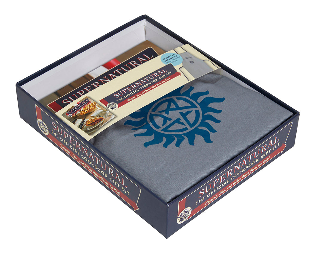 Supernatural-themed gift set with cookbook and towel in a box