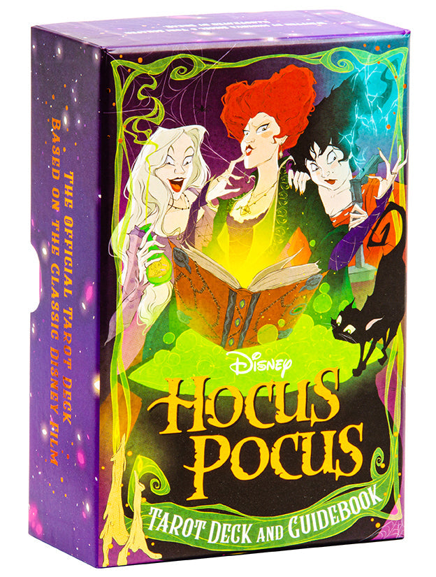 Disney Hocus Pocus tarot deck and guidebook packaging with three witches on a colorful background.