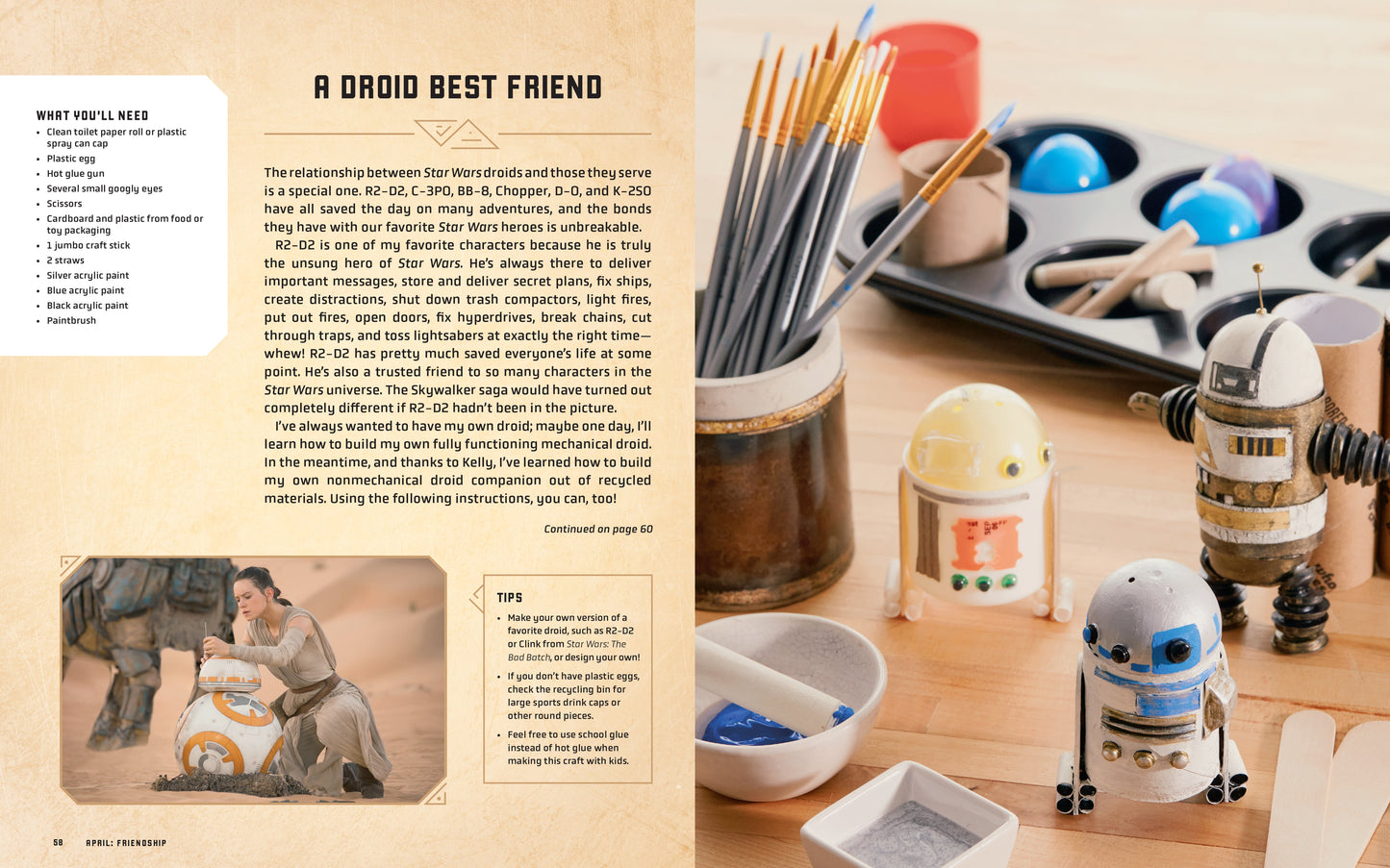 Crafting a droid toy with tools and materials on a wooden surface