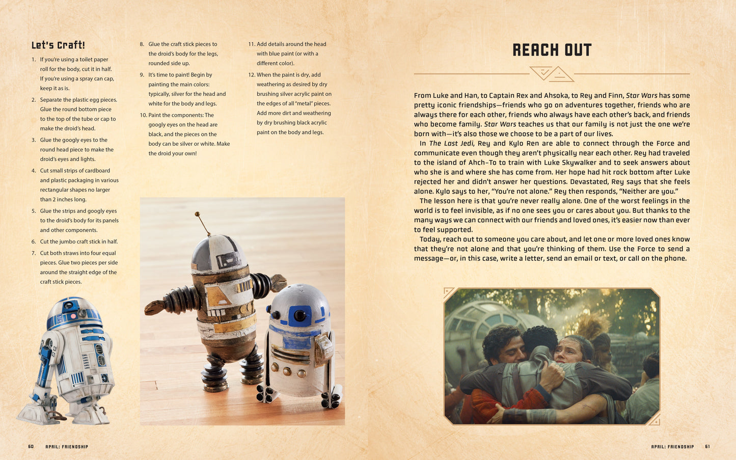 Magazine or book page with toy robots and a photo of people hugging, featuring text on 'Reach Out'.