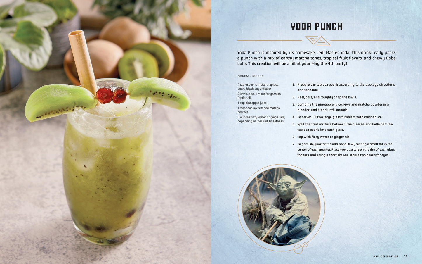 Green drink with kiwi garnish on a stone surface, next to a recipe card for Yoda Punch.