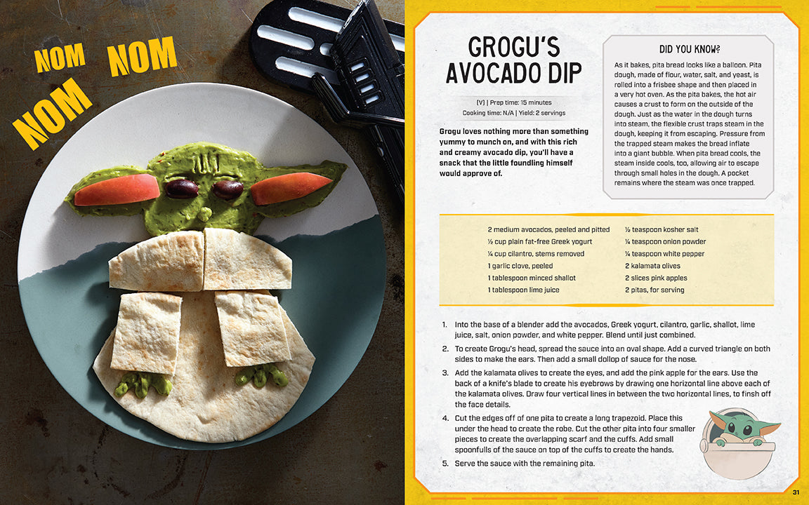 Avocado dip shaped like a character on a plate with a recipe card next to it.