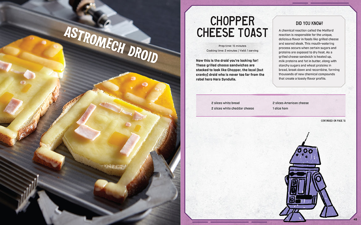 Cheese toast shaped like a droid with a recipe card next to it.