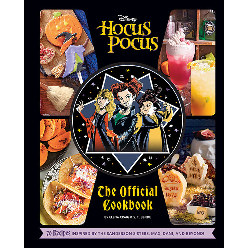 Disney Hocus Pocus cookbook cover with Sanderson sisters and Halloween-themed food.