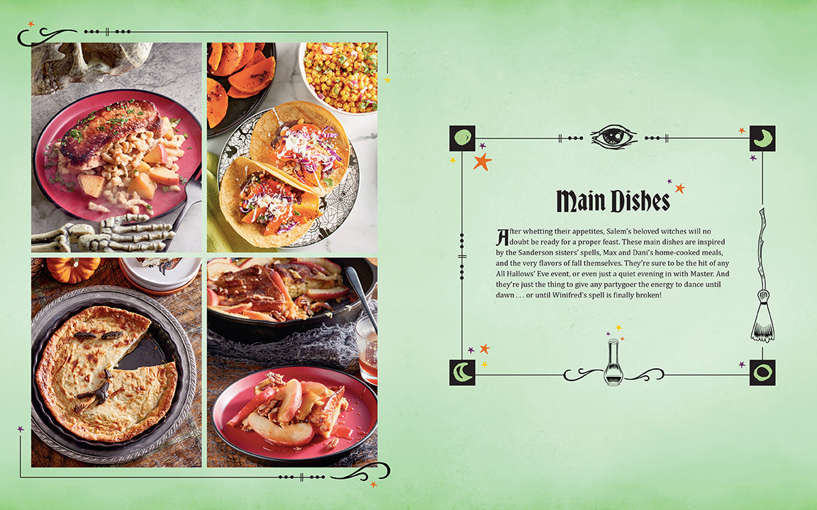 Collage of various dishes with a green background and text about main dishes.