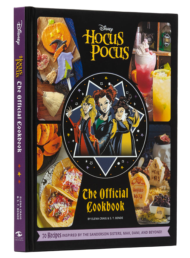 Disney Hocus Pocus The Official Cookbook with cover featuring Sanderson sisters and recipes.