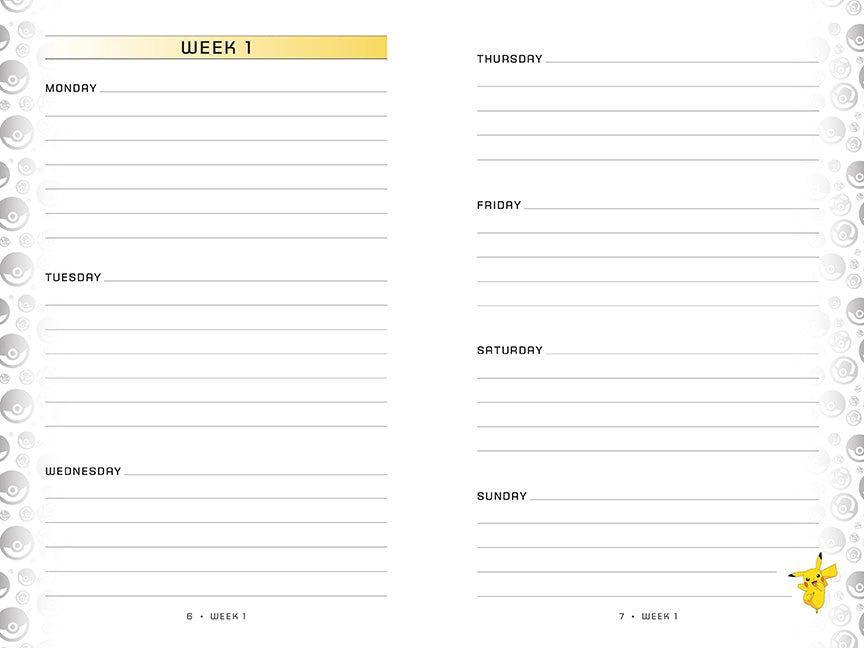 Weekly planner with days of the week and a Pokémon logo at the bottom right corner.