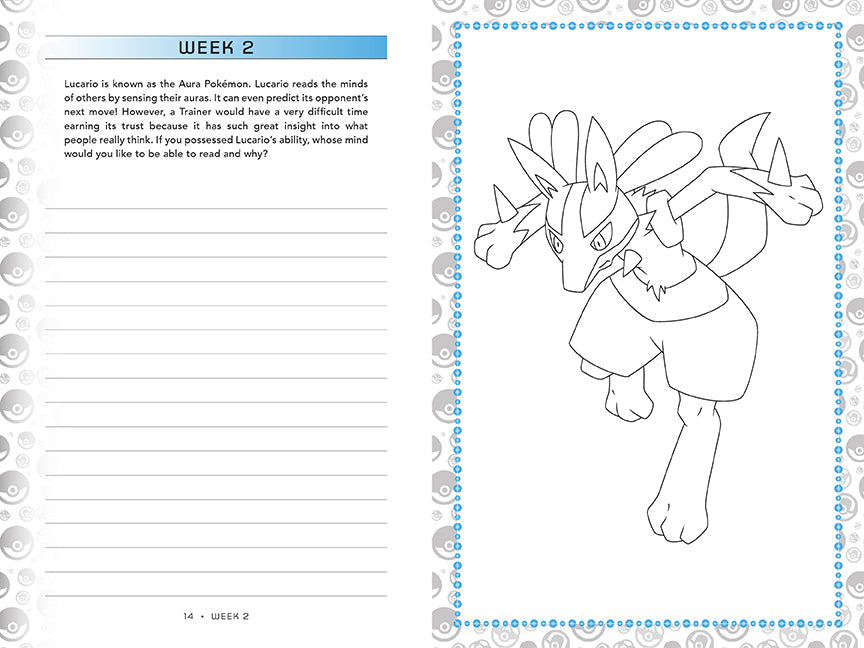 Coloring book page with a Pokémon character on the right side and text on the left.