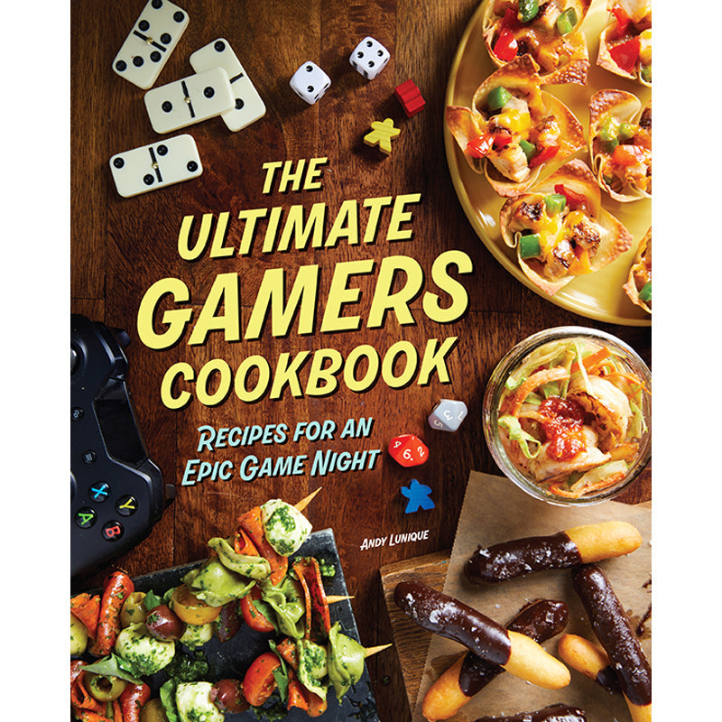 Book cover of 'The Ultimate Gamers Cookbook' with food images and gaming elements.