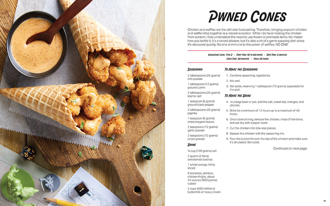 Fried chicken in waffle cones with dipping sauce on a wooden board, next to a recipe titled 'Pwned Cones'.