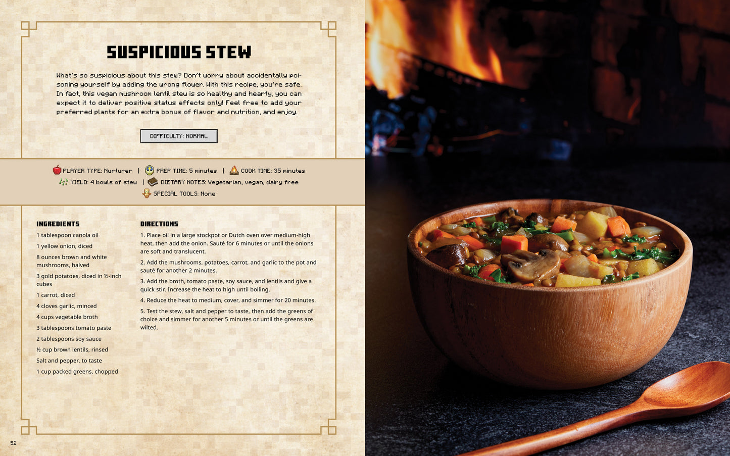 Wooden bowl of stew with a recipe card on the left side.