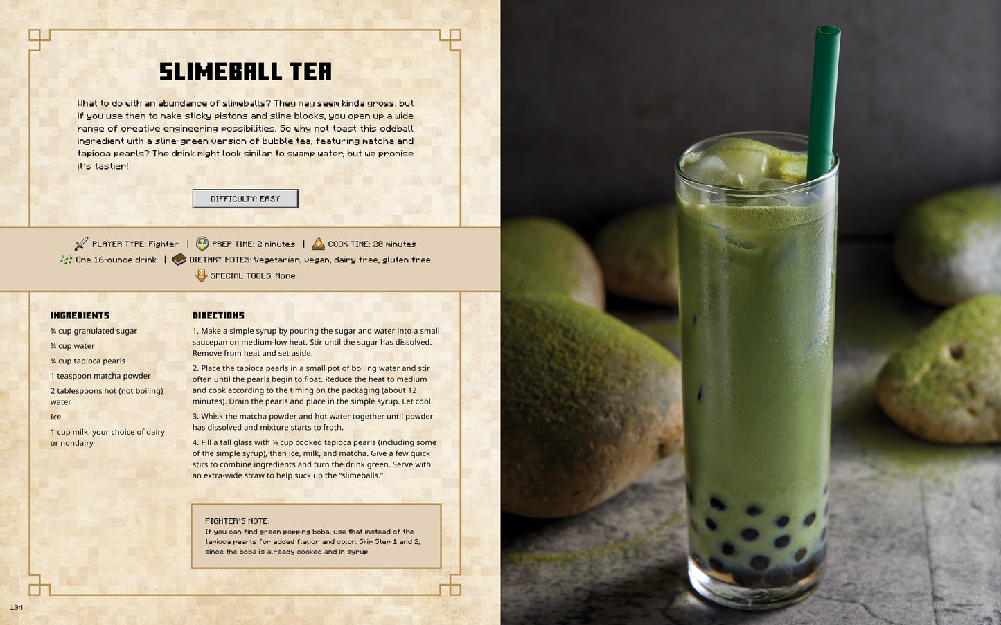 Green iced tea with boba pearls in a glass, surrounded by green fruits on a rustic background.