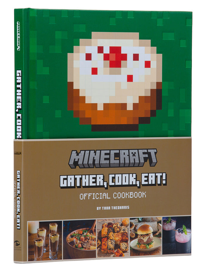 Minecraft 'Gather, Cook, Eat!' official cookbook with pixelated cake illustration on green background