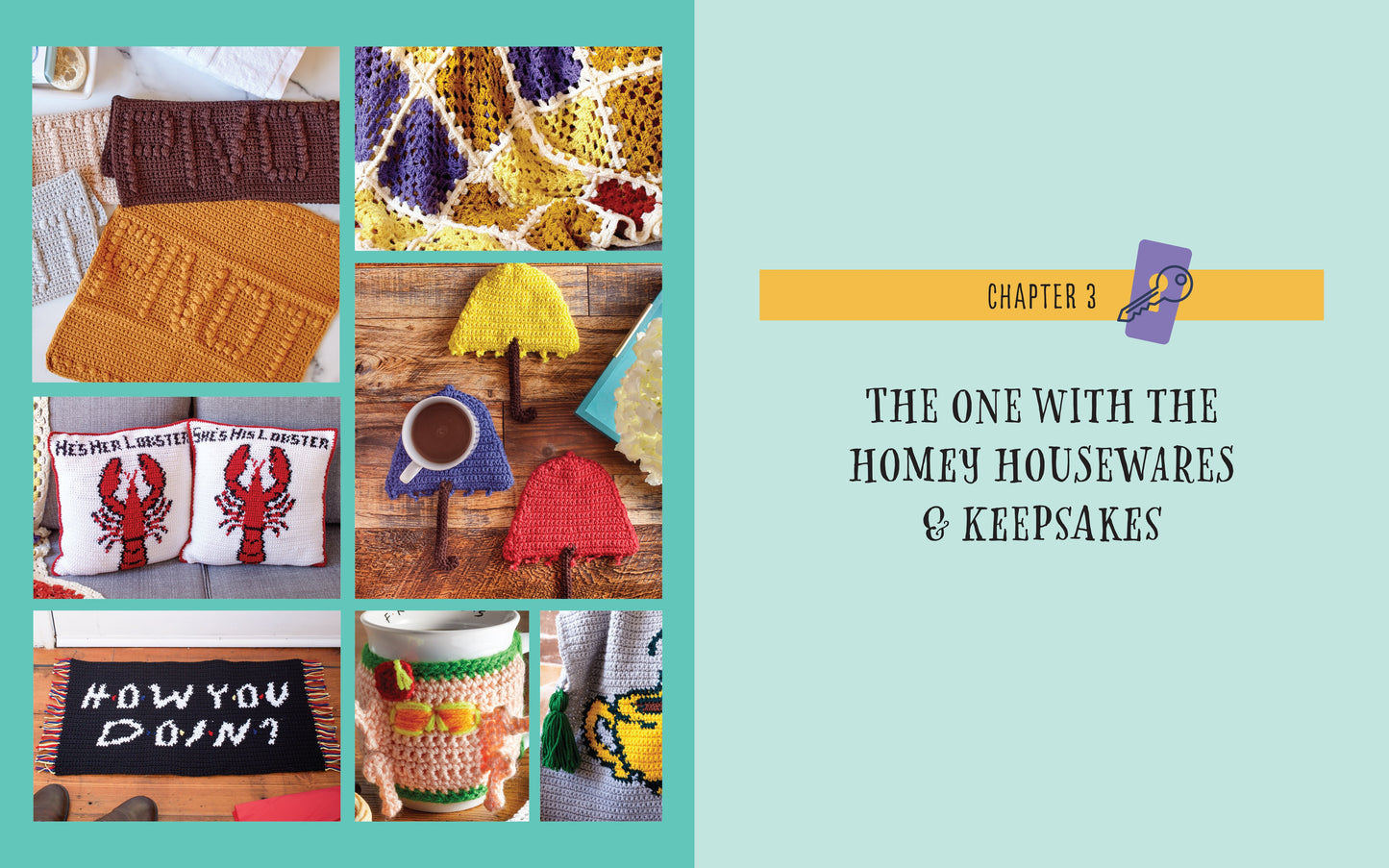 Collage of home decor items with text 'The One with the Homey Housewares & Keepsakes' on a teal background.