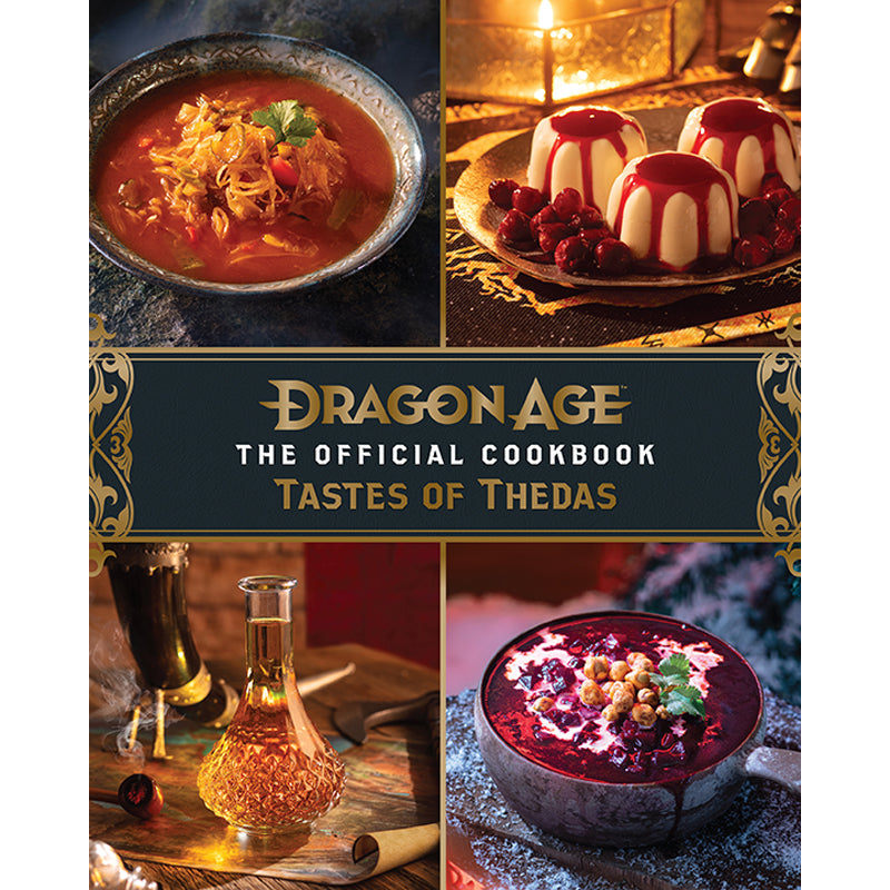 Cover of 'Dragon Age: The Official Cookbook Tastes of Thedas' with images of food and drink.