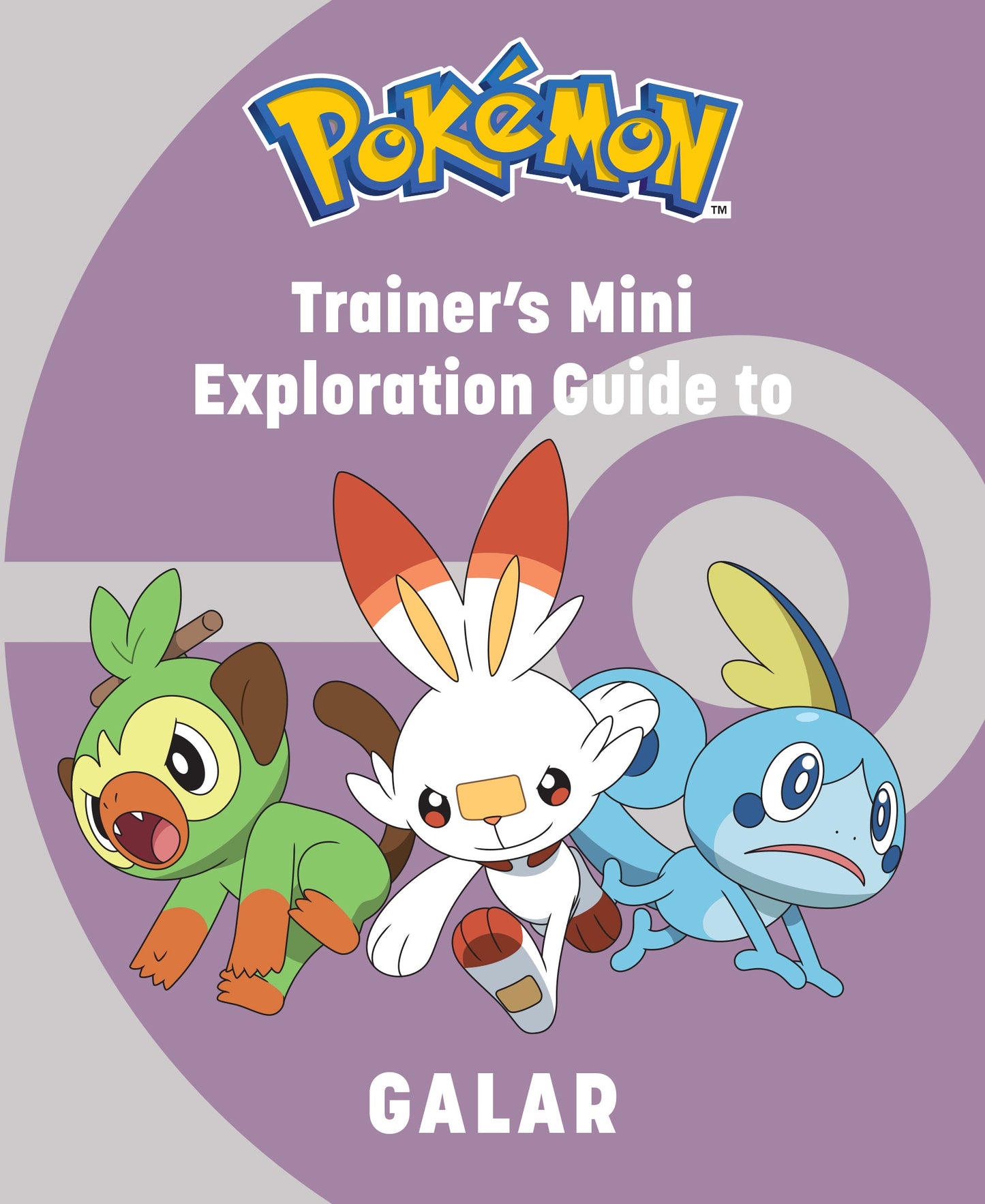 Pokémon Trainer's Mini Exploration Guide to Galar with three Pokémon characters on a purple background