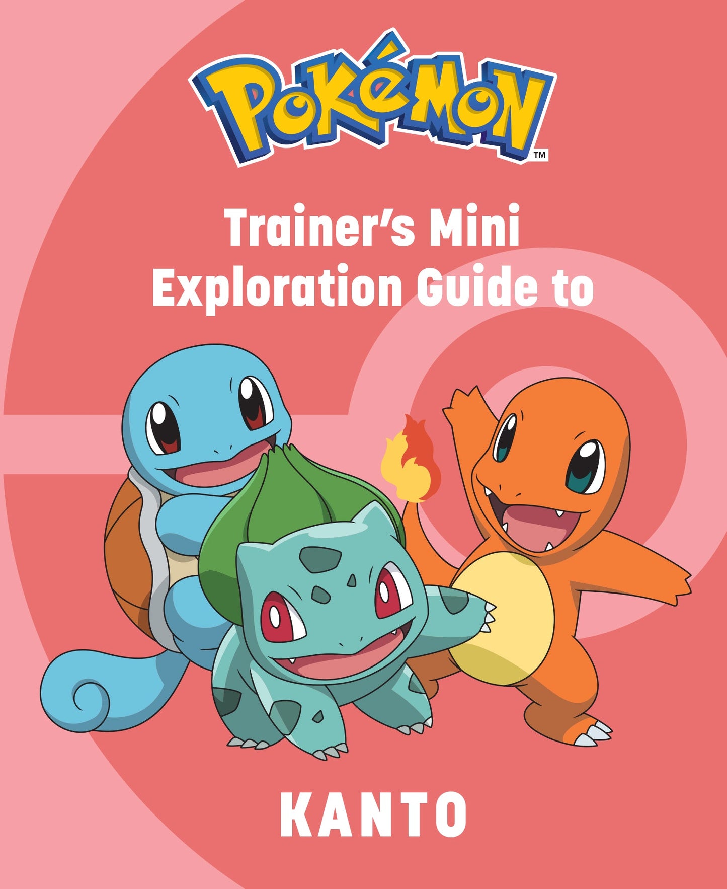 Pokémon Trainer's Mini Exploration Guide to Kanto with three Pokémon characters on a pink background