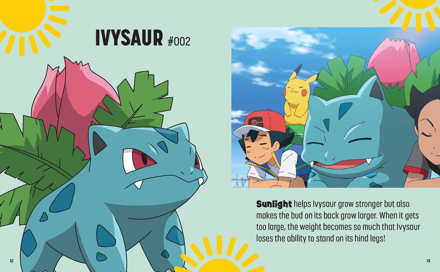 Illustration of Ivysaur from a Pokémon series, with a character and Pikachu in the background.