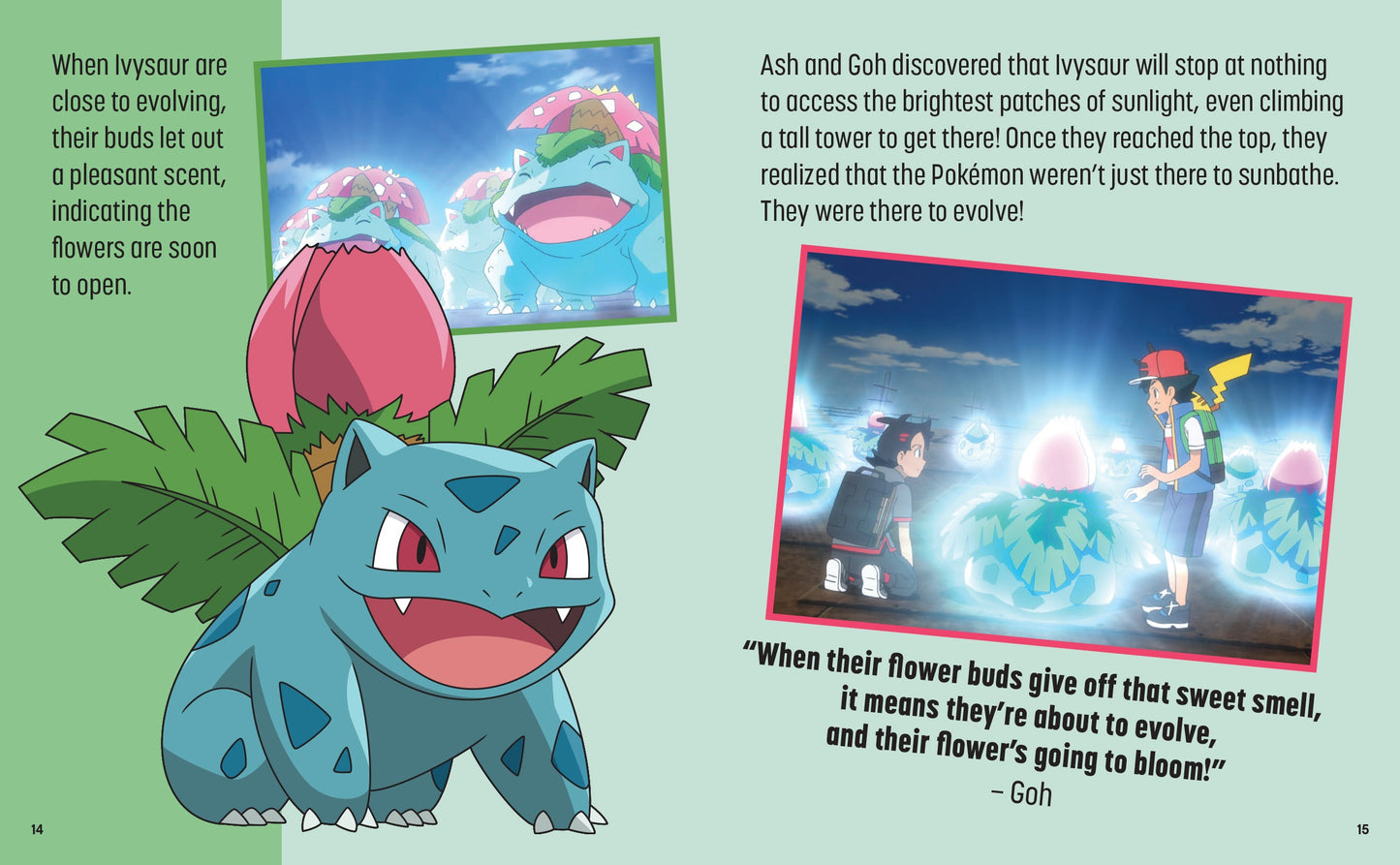 Illustration of a blue creature with red eyes and a green background featuring text and images.